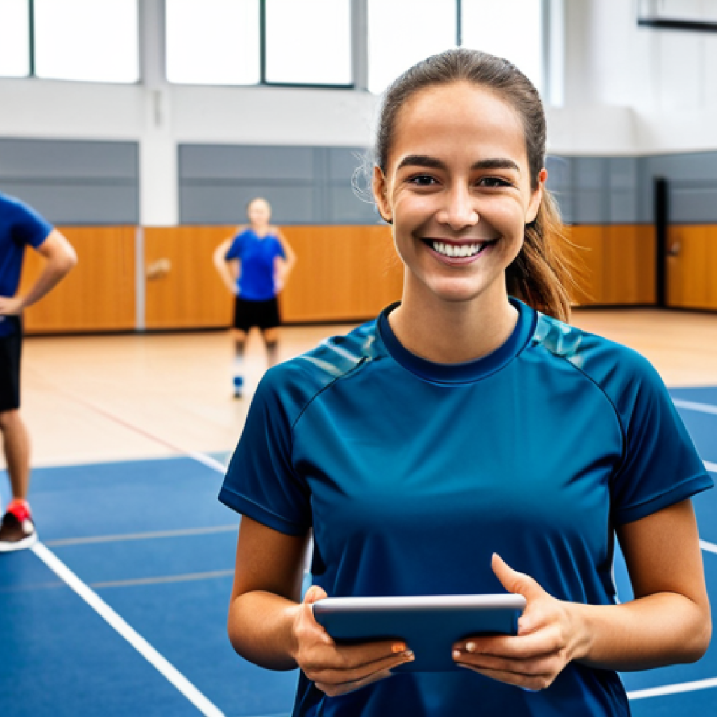 A professional female sports instructor in modest athletic wear, smiling confidently while looking at a tablet displaying a modern digital calendar and a vibrant group chat for her sports community. In the background, a diverse group of fully clothed participants are engaged in a light training session in a brightly lit, modern indoor sports facility. The scene emphasizes seamless digital integration for efficient planning and strong community building. Professional photography, high detail, natural light, crisp focus, safe for work, appropriate content, fully clothed, professional, perfect anatomy, correct proportions, natural pose, well-formed hands, proper finger count, natural body proportions.