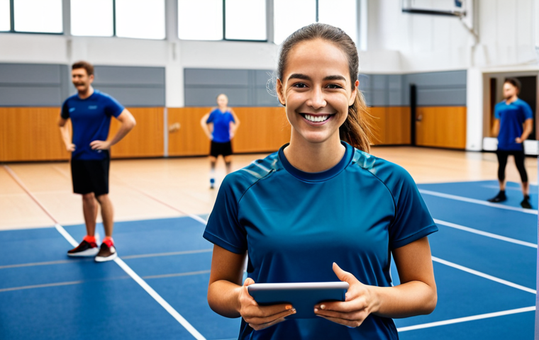 A professional female sports instructor in modest athletic wear, smiling confidently while looking at a tablet displaying a modern digital calendar and a vibrant group chat for her sports community. In the background, a diverse group of fully clothed participants are engaged in a light training session in a brightly lit, modern indoor sports facility. The scene emphasizes seamless digital integration for efficient planning and strong community building. Professional photography, high detail, natural light, crisp focus, safe for work, appropriate content, fully clothed, professional, perfect anatomy, correct proportions, natural pose, well-formed hands, proper finger count, natural body proportions.