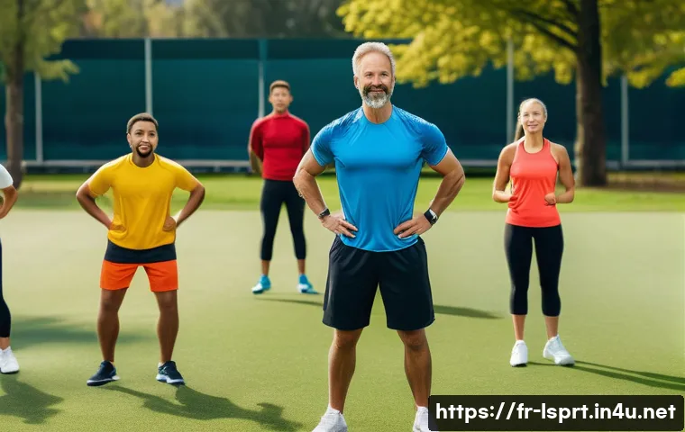 레저스포츠지도자 자격증 준비 중 흔히 하는 실수 - A professional sports instructor leading a diverse group of adult participants in an outdoor trainin...
