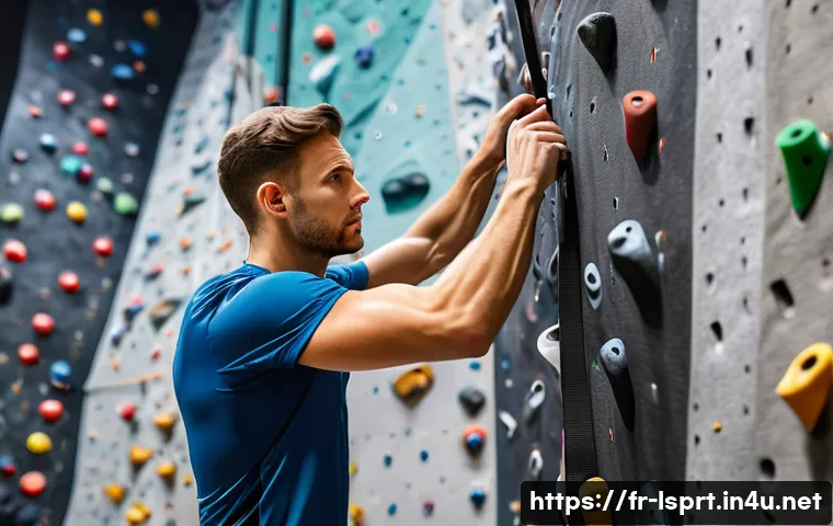 레저스포츠지도자 국가공인 시험 일정과 준비 요령 - A focused young adult male sports instructor preparing for a practical exam in a modern indoor climb...