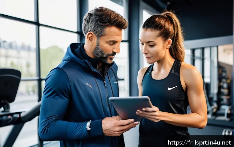 레저스포츠지도자 성공적인 연봉협상 사례 - A professional French sports coach in a modern Parisian gym setting, dressed in stylish athletic wea...