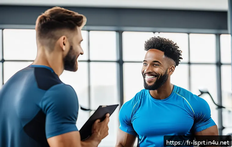 레저스포츠지도자와 고객 관리 스킬 - A friendly personal trainer attentively listening to a diverse adult client in a modern, bright gym ...