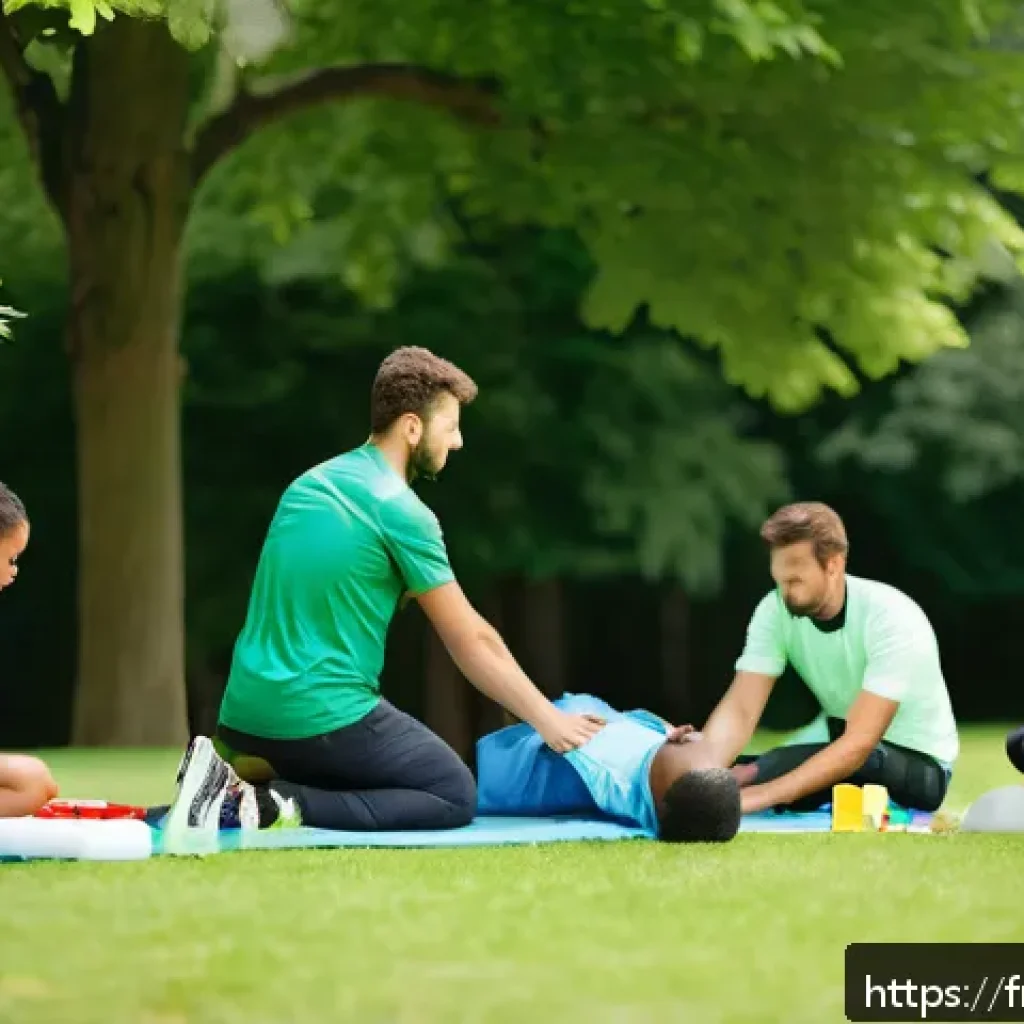 레저스포츠지도자 현장에서의 응급상황 대처법 - A detailed scene of a first aid training session outdoors in a French park during summer, showing a ...