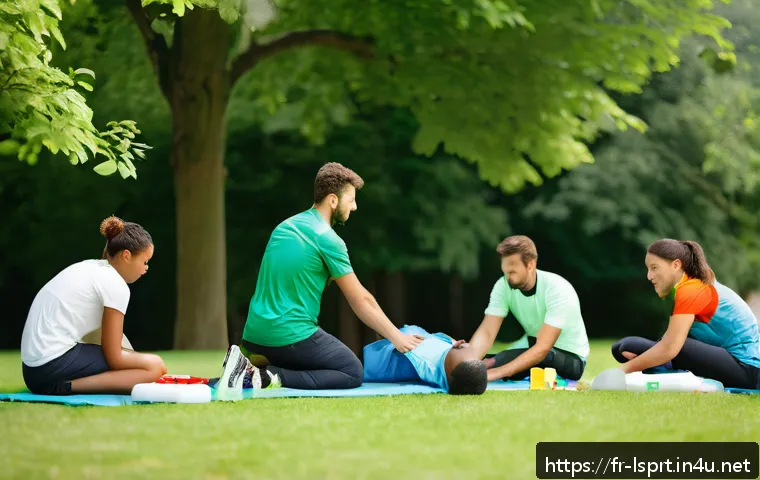 레저스포츠지도자 현장에서의 응급상황 대처법 - A detailed scene of a first aid training session outdoors in a French park during summer, showing a ...