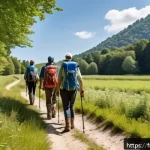 레저스포츠지도자 자격증으로 커리어 전환 사례 - A professional outdoor sports guide leading a diverse group of adults and children on a forest hikin...