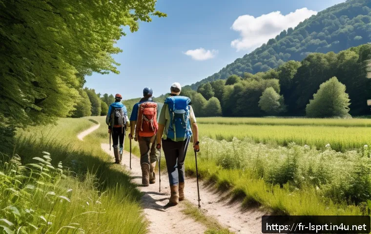 레저스포츠지도자 자격증으로 커리어 전환 사례 - A professional outdoor sports guide leading a diverse group of adults and children on a forest hikin...