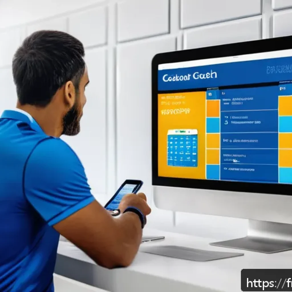 레저스포츠지도자 실무에서 유용한 어플리케이션 - A modern sports coaching office scene showing a diverse group of adult coaches using digital devices...