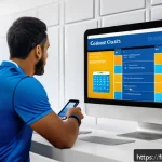 레저스포츠지도자 실무에서 유용한 어플리케이션 - A modern sports coaching office scene showing a diverse group of adult coaches using digital devices...