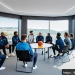 레저스포츠지도자 실무 중 발생하는 갈등 해결 사례 - A diverse sports team gathered in a bright, modern meeting room, seated in a circle for an open dial...