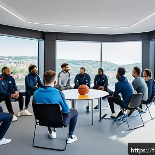 레저스포츠지도자 실무 중 발생하는 갈등 해결 사례 - A diverse sports team gathered in a bright, modern meeting room, seated in a circle for an open dial...