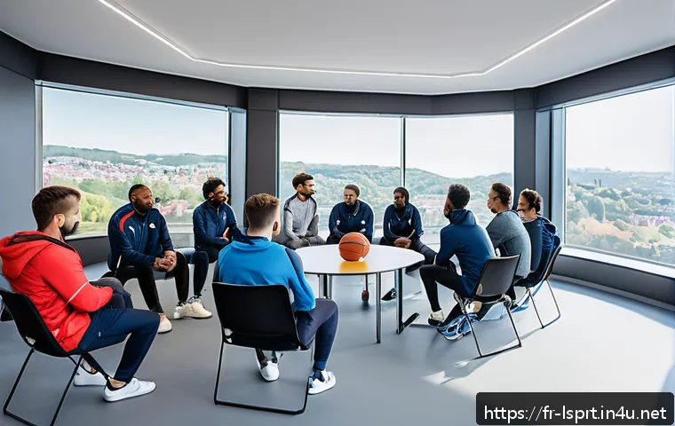 레저스포츠지도자 실무 중 발생하는 갈등 해결 사례 - A diverse sports team gathered in a bright, modern meeting room, seated in a circle for an open dial...