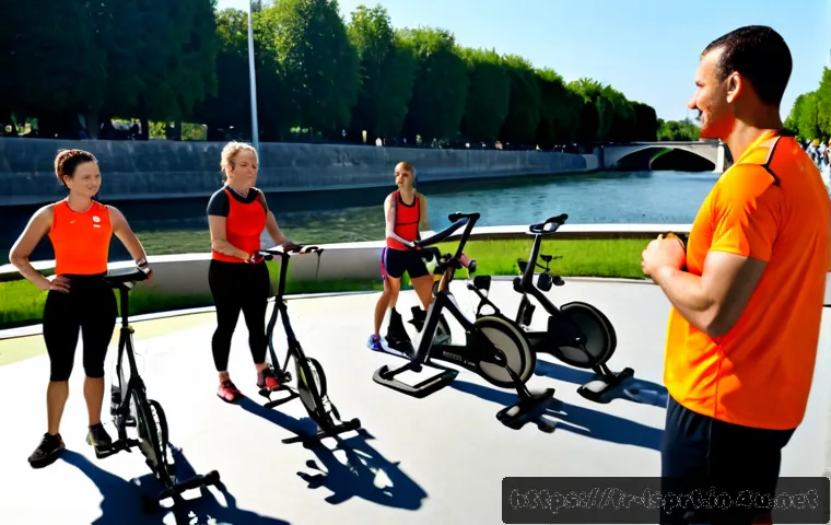 레저스포츠지도자와 스포츠산업의 미래 전망 - Photorealistic future-focused leisure sports instructor coaching a diverse group of adults on a clea...