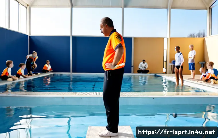 Home 17 레저스포츠지도자 취업 후 근무 환경 적응 사례 - Photorealistic French leisure sports instructor adapting to a new job at a municipal aquatic center,...